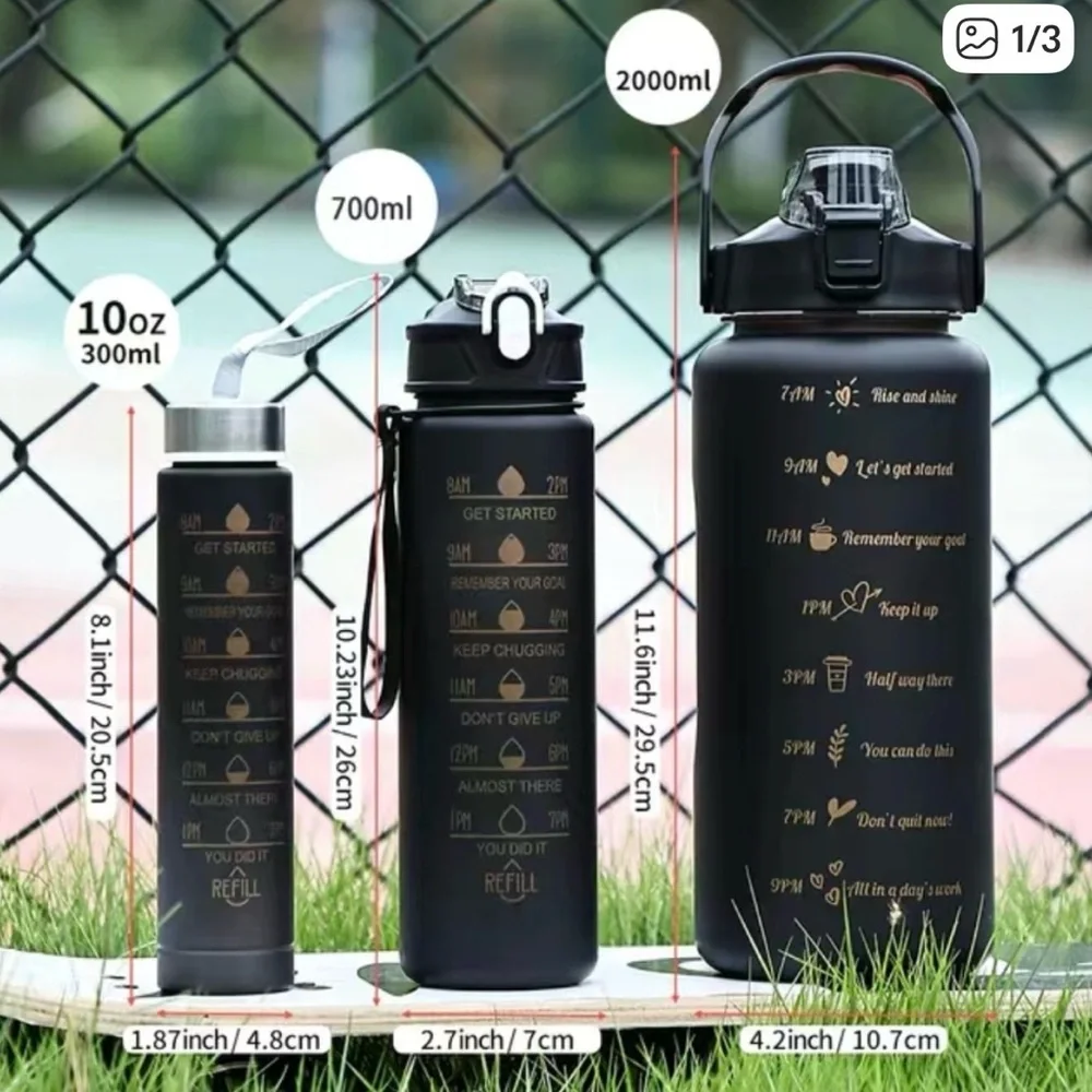 MOTIVATIONAL WATER BOTTLES w/QUOTES 3 PIECE SET NIP BLACK/GOLD 3 DIFFERENT SIZES